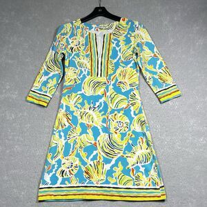 Barbara Gerwit Dress XS Blue 3/4 Sleeve V-Neck Tropical Seashell Print Dress